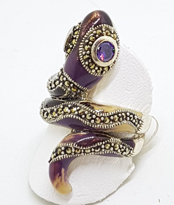 20200612_132546 Sterling Silver Marcasite and Enamel Large Ornate Coiled Snake Ring - Purple & Beige
