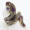 Sterling Silver Marcasite and Enamel Large Ornate Coiled Snake Ring - Purple & Beige