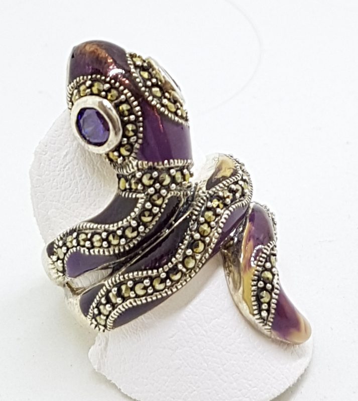 20200612_132605 Sterling Silver Marcasite and Enamel Large Ornate Coiled Snake Ring - Purple & Beige