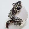 Sterling Silver Marcasite and Enamel Large Ornate Coiled Snake Ring - Brown
