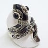 Sterling Silver Marcasite and Enamel Large Ornate Coiled Snake Ring - Brown