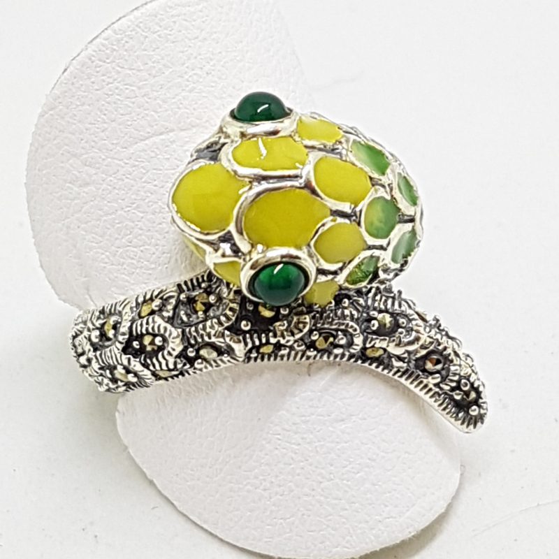 20200612_132741 Sterling Silver Marcasite and Enamel Snake Ring - Green & Yellow