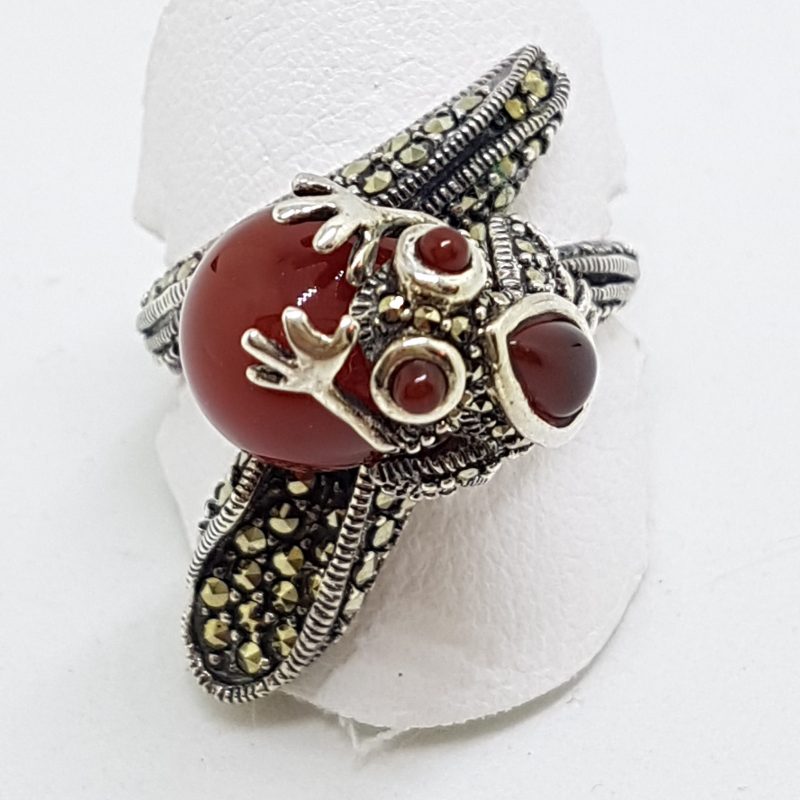 Sterling Silver Frog Ring - Carnelian and Marcasite