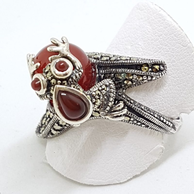 Sterling Silver Frog Ring - Carnelian and Marcasite