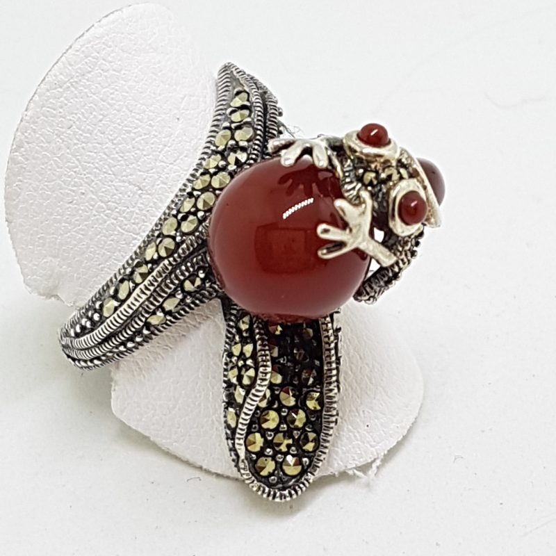 Sterling Silver Frog Ring - Carnelian and Marcasite