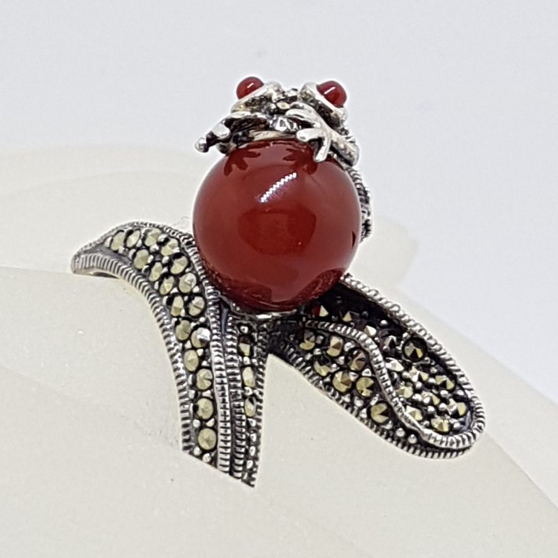 Sterling Silver Frog Ring - Carnelian and Marcasite