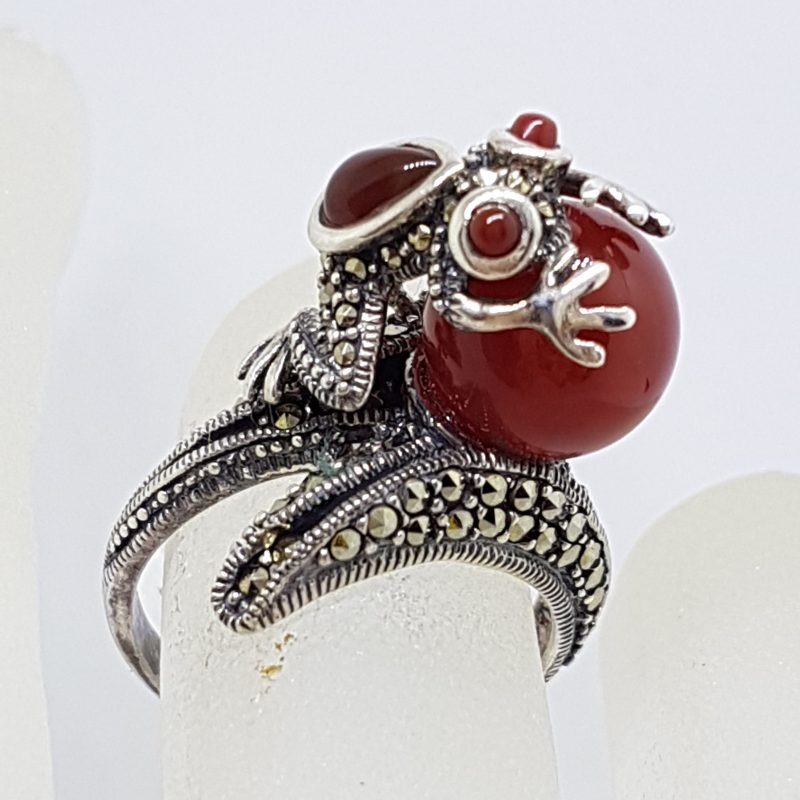 Sterling Silver Frog Ring - Carnelian and Marcasite