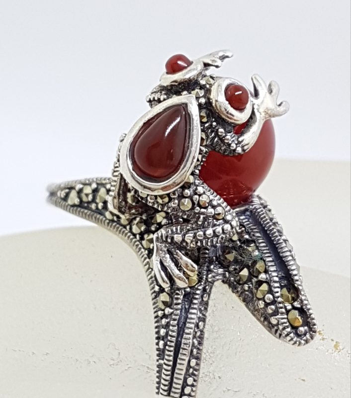 Sterling Silver Frog Ring - Carnelian and Marcasite