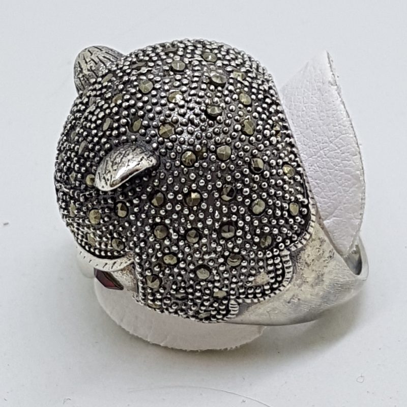 Sterling Silver Marcasite Large Owl Head Ring with Red Eyes