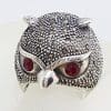 Sterling Silver Marcasite Large Owl Head Ring with Red Eyes