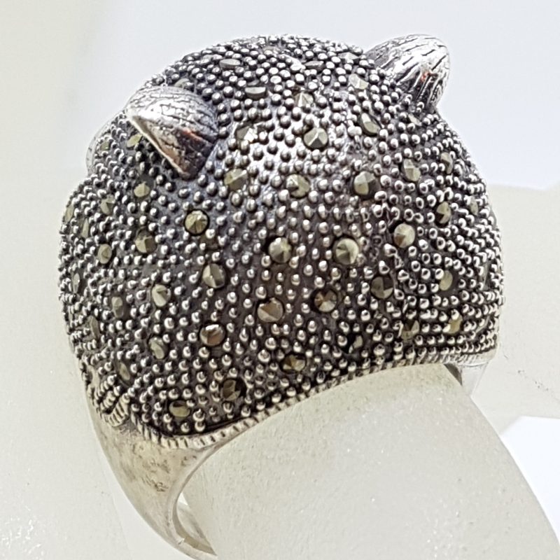 Sterling Silver Marcasite Large Owl Head Ring with Red Eyes