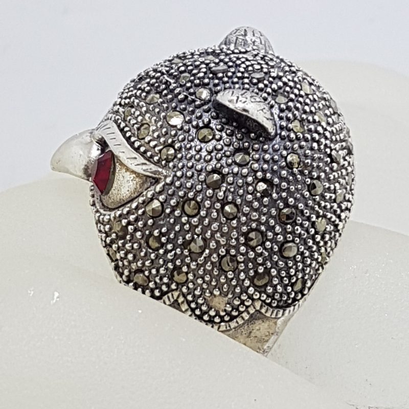 Sterling Silver Marcasite Large Owl Head Ring with Red Eyes