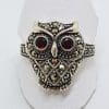 Sterling Silver Marcasite Large Owl Ring with Garnet Eyes