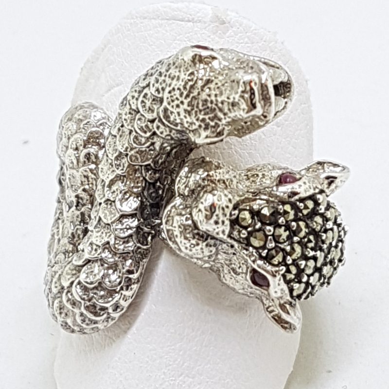 Sterling Silver Marcasite Large Snake & Cat Ring