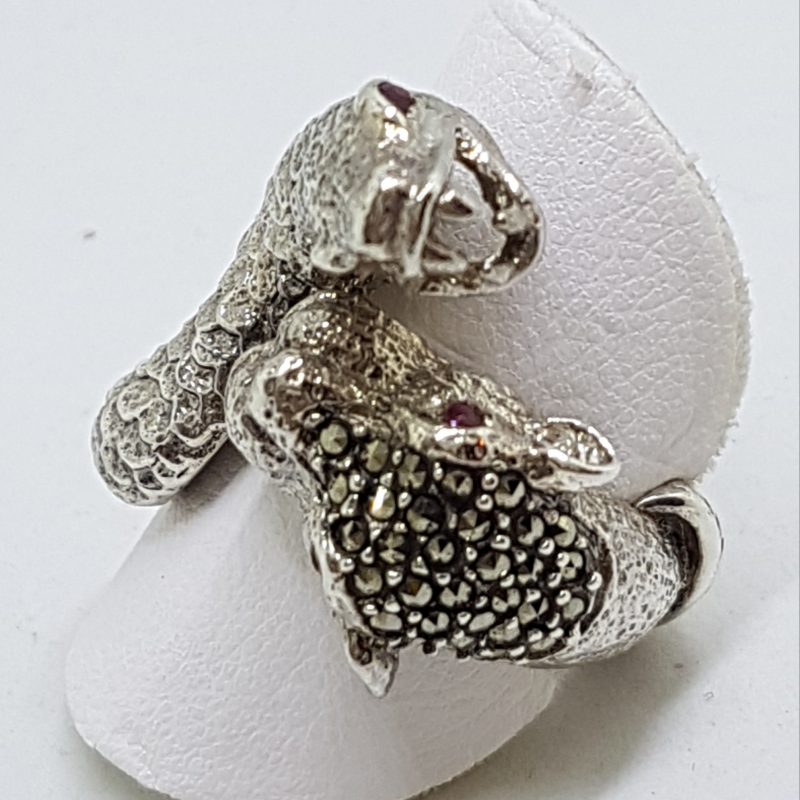 Sterling Silver Marcasite Large Snake & Cat Ring