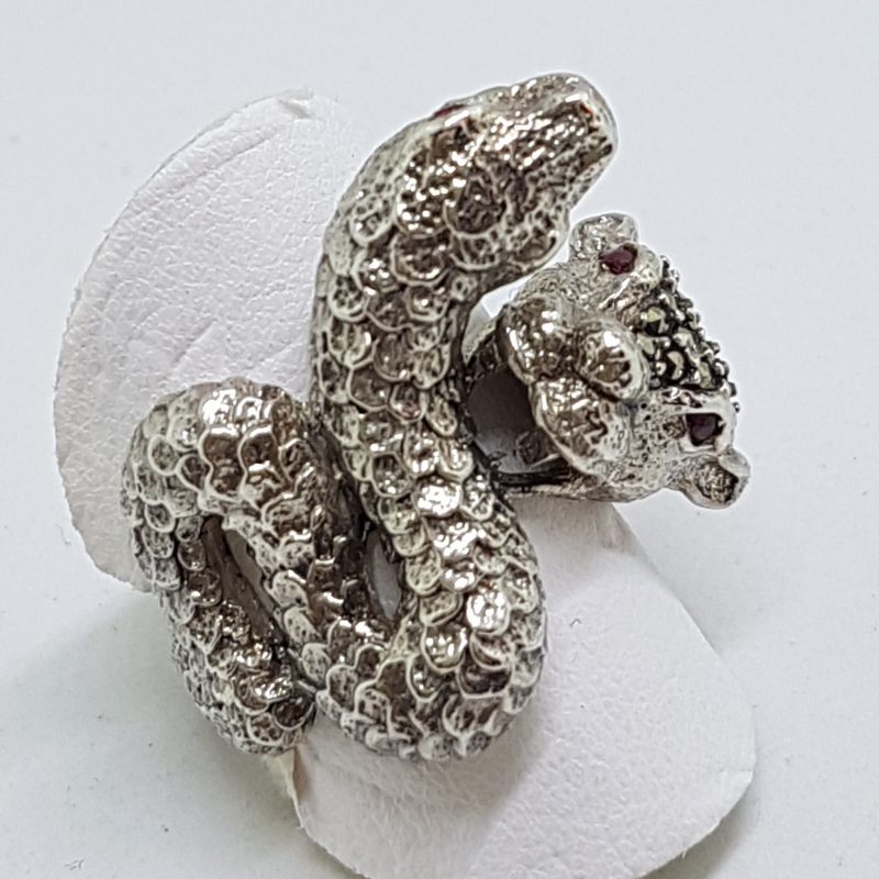 Sterling Silver Marcasite Large Snake & Cat Ring