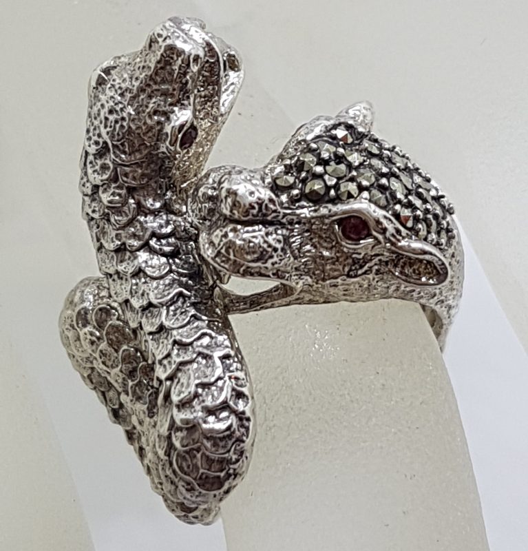 Sterling Silver Marcasite Large Snake & Cat Ring