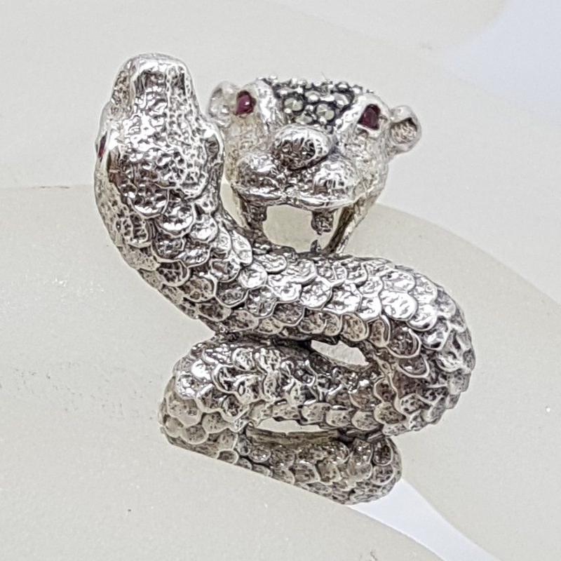 Sterling Silver Marcasite Large Snake & Cat Ring