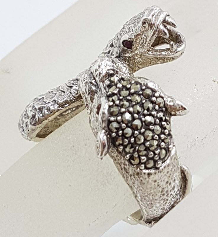 Sterling Silver Marcasite Large Snake & Cat Ring