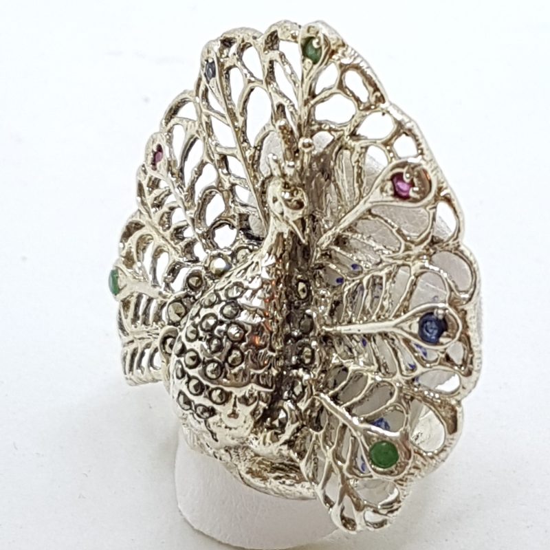 20200612_134326 Sterling Silver Marcasite, Ruby, Emerald and Sapphire Large Ornate Peacock Ring
