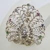 Sterling Silver Marcasite, Ruby, Emerald and Sapphire Large Ornate Peacock Ring
