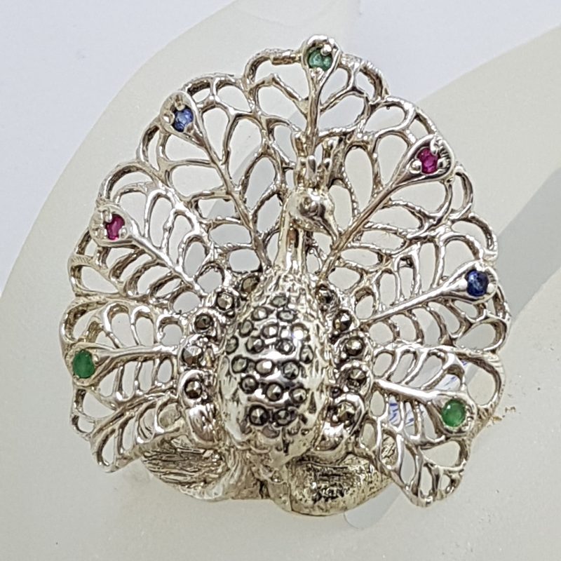 20200612_134341 Sterling Silver Marcasite, Ruby, Emerald and Sapphire Large Ornate Peacock Ring