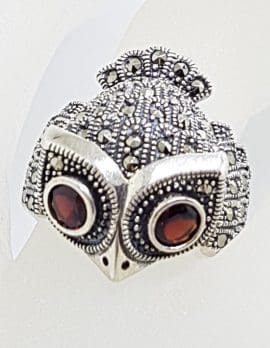 Sterling Silver Marcasite & Garnet Large Owl Ring