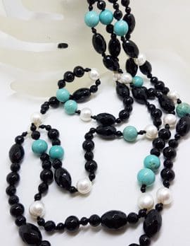 Very Long Multi Strand Onyx, Pearl and Turquoise Bead Necklace / Chain