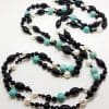Very Long Multi Strand Onyx, Pearl and Turquoise Bead Necklace / Chain