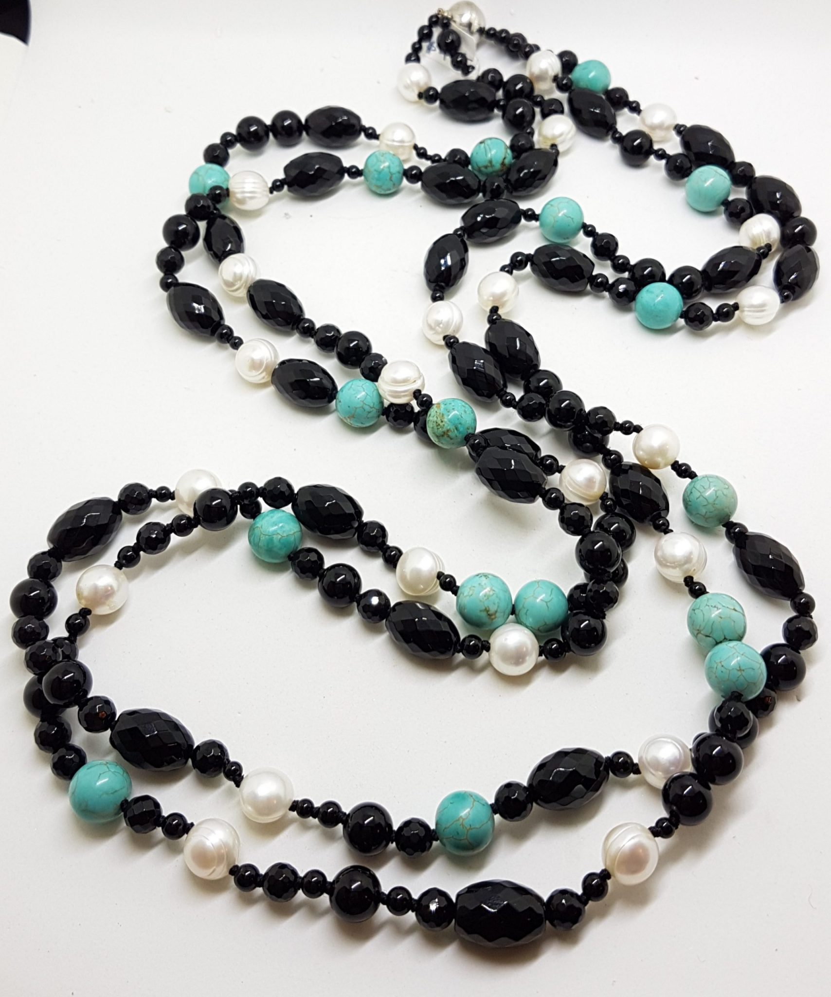 Very Long Multi Strand Onyx, Pearl and Turquoise Bead Necklace / Chain