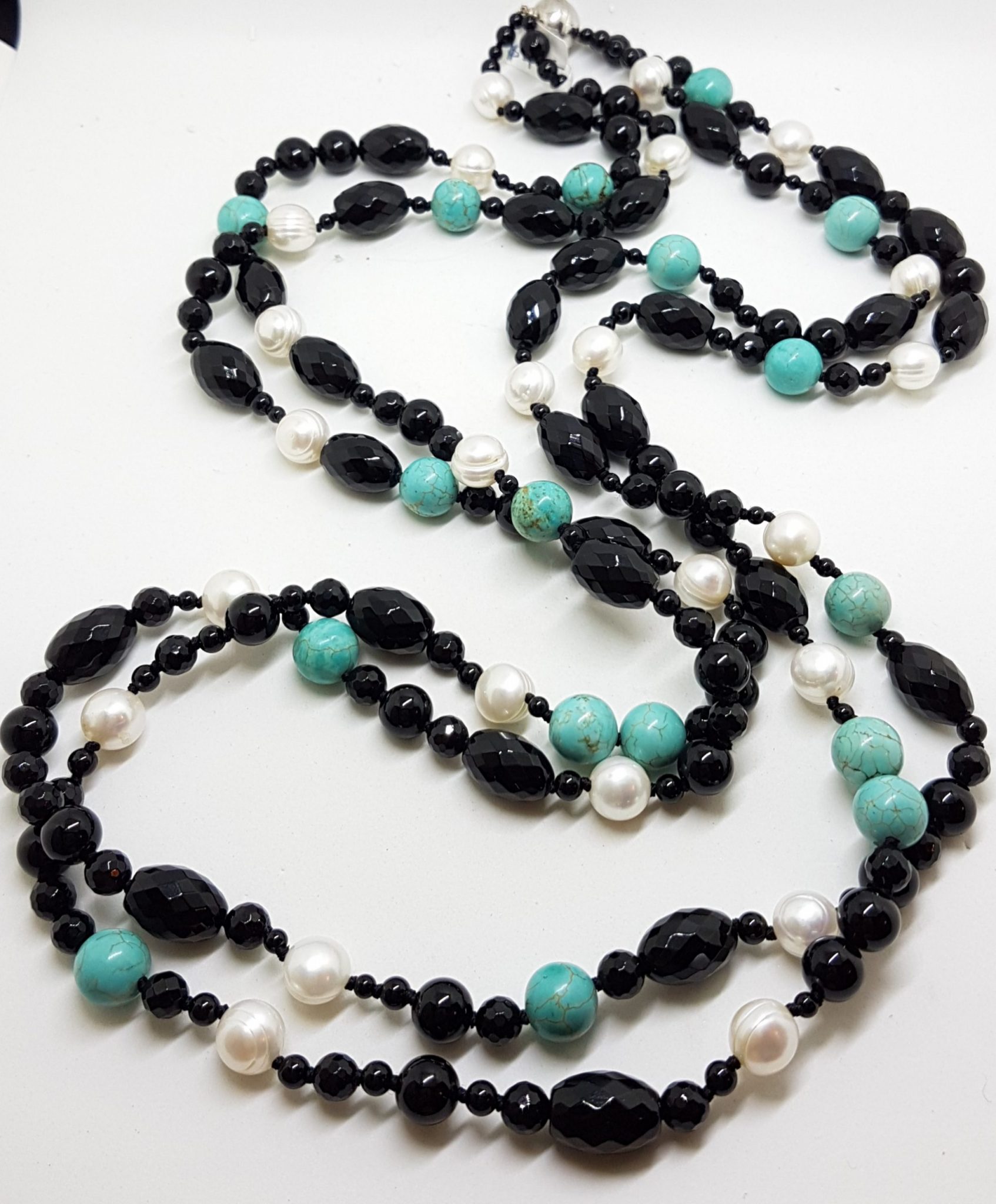 Very Long Multi Strand Onyx, Pearl and Turquoise Bead Necklace / Chain