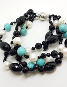 Multi Strand Onyx, Pearl and Turquoise Bead Bracelet