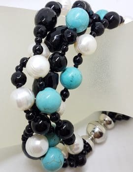 Multi Strand Onyx, Pearl and Turquoise Bead Bracelet
