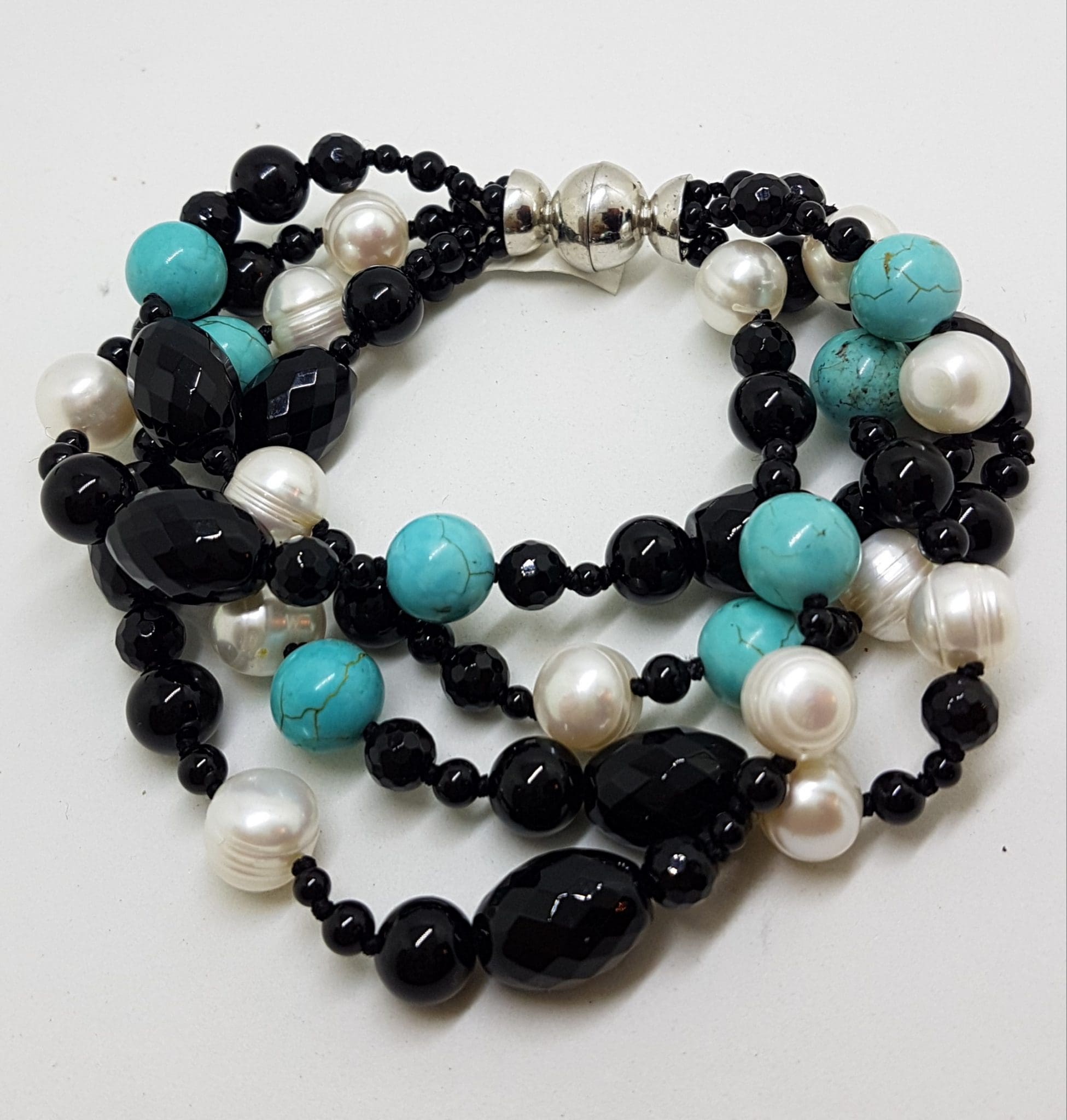 Multi Strand Onyx, Pearl and Turquoise Bead Bracelet