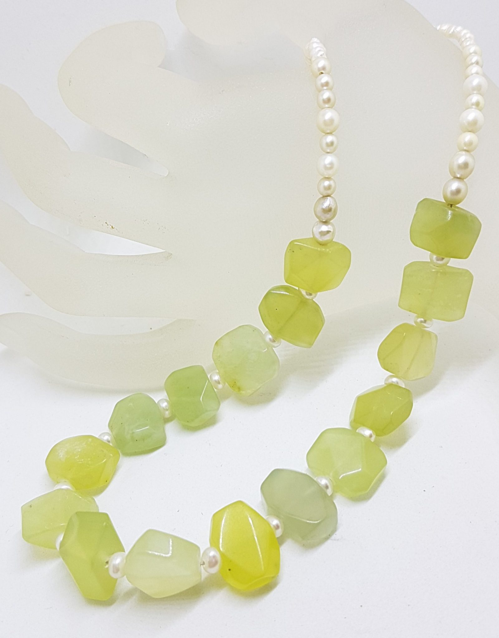 Sterling Silver Clasped Prehnite and Pearl Bead Necklace / Chain