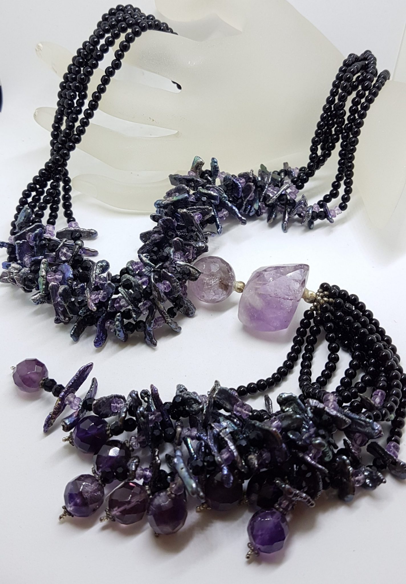 Sterling Silver Clasped Very Long Amethyst, Pearl & Onyx Tassel Bead Necklace / Chain