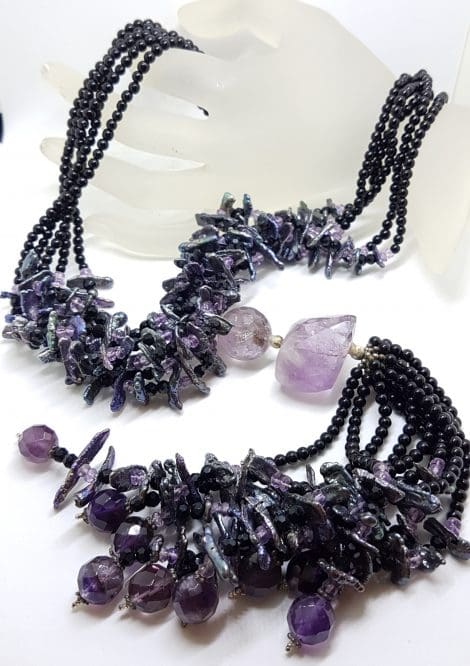 Sterling Silver Clasped Very Long Amethyst, Pearl & Onyx Tassel Bead Necklace / Chain