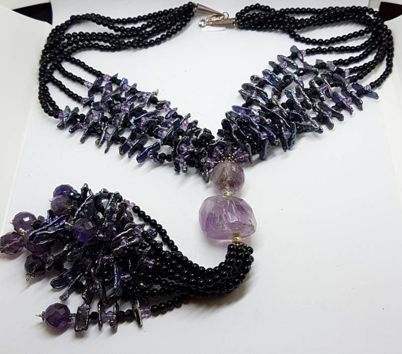 Sterling Silver Clasped Very Long Amethyst, Pearl & Onyx Tassel Bead Necklace / Chain