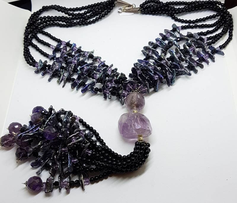 Sterling Silver Clasped Very Long Amethyst, Pearl & Onyx Tassel Bead Necklace / Chain