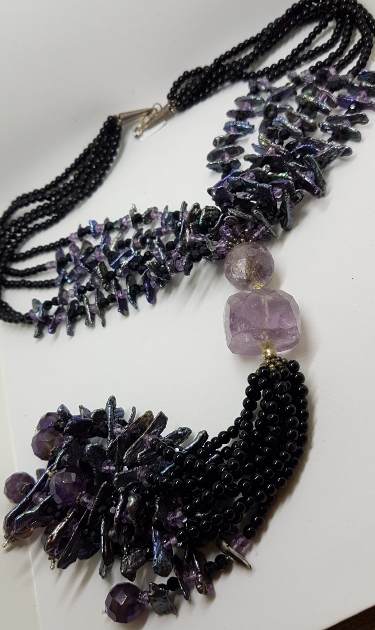 Sterling Silver Clasped Very Long Amethyst, Pearl & Onyx Tassel Bead Necklace / Chain