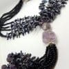Sterling Silver Clasped Very Long Amethyst, Pearl & Onyx Tassel Bead Necklace / Chain