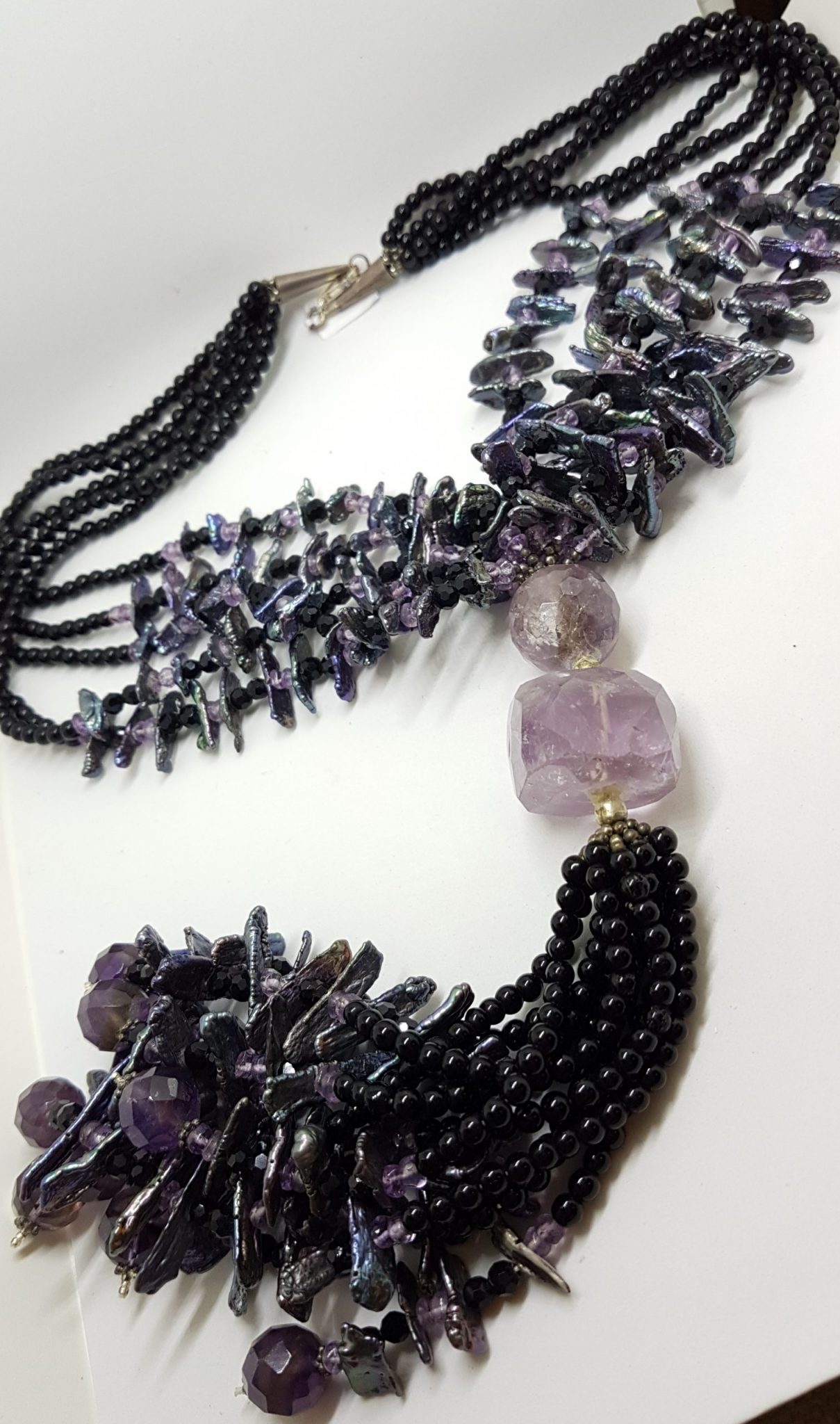 Sterling Silver Clasped Very Long Amethyst, Pearl & Onyx Tassel Bead Necklace / Chain