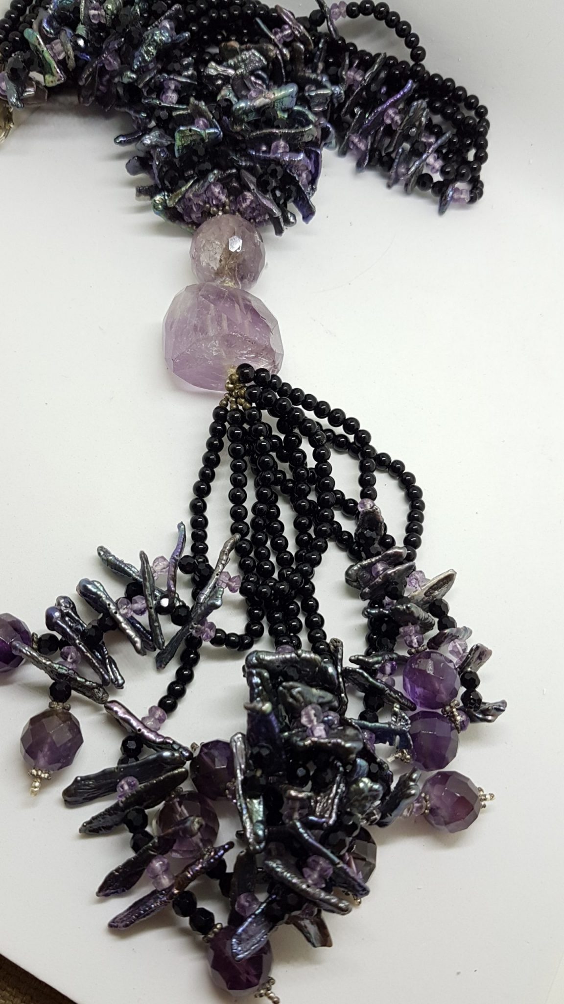 Sterling Silver Clasped Very Long Amethyst, Pearl & Onyx Tassel Bead Necklace / Chain