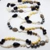 Very Long Multi-Colour Pearl & Onyx Bead Necklace / Chain