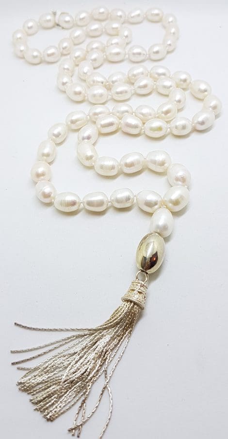 Sterling Silver Clasped Long Baroque Pearl Tassel Necklace / Chain