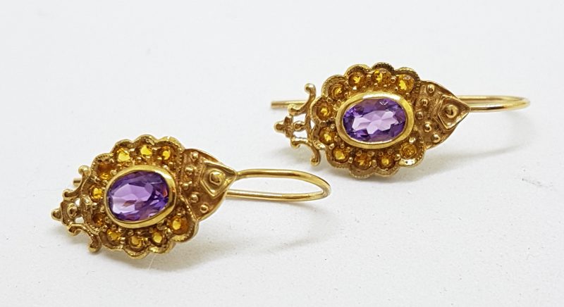 9ct Yellow Gold Amethyst and Citrine Ornate Drop Earrings