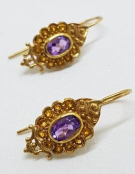9ct Yellow Gold Amethyst and Citrine Ornate Drop Earrings