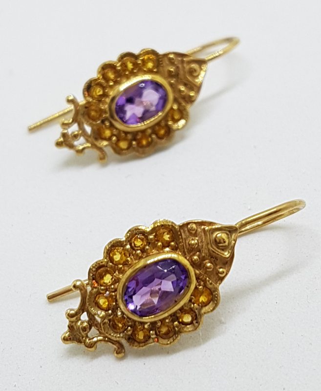 9ct Yellow Gold Amethyst and Citrine Ornate Drop Earrings