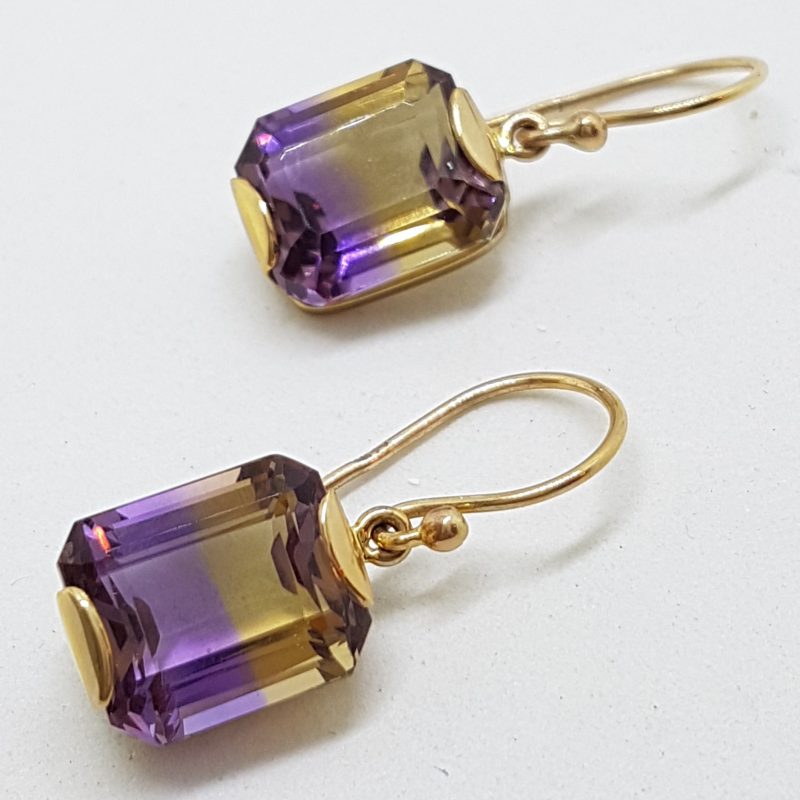 9ct Yellow Gold Rectangular Ametrine Drop Earrings
