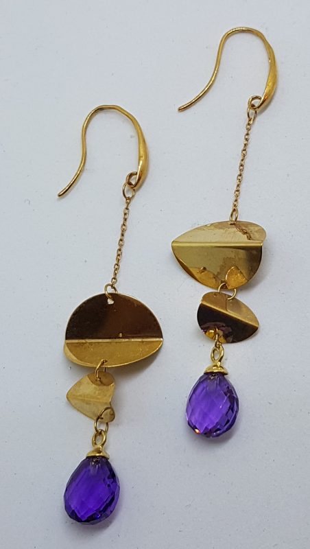9ct Yellow Gold Amethyst Long Drop Earrings